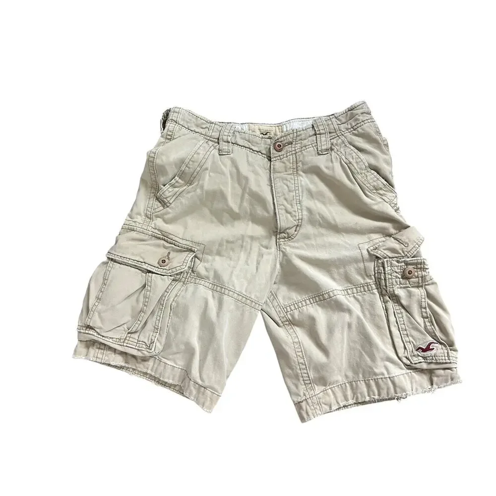 Hollister Cargo Shorts Mens 31 Waist Beige‎ Faded Cotton Distressed Heavy Y2K